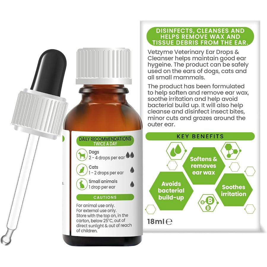 Vetzyme Anti-Bacterial Ear Drops & Cleanser 18ml